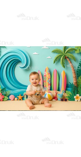 Tło fotograficzne „Kolorowa plaża z falą i deskami surfingowymi” | 4081